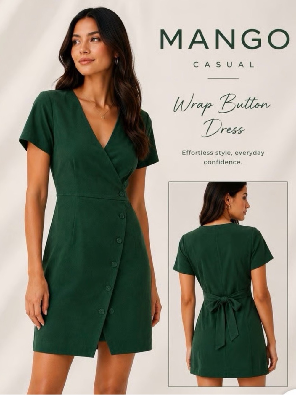 Mango Dark Green Wrap Button Mini Dress